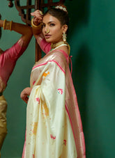 Cream Meenakari Paithani Silk Saree